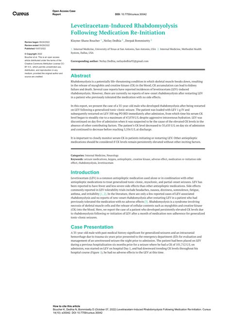 Pdf Levetiracetam Induced Rhabdomyolysis Following Medication Re