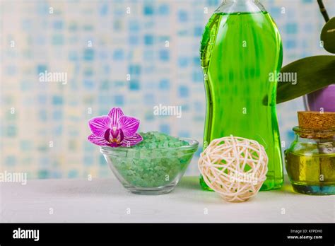 Spa Treatments In The Bathroom Sea Salt Soap And Orchid Close Up