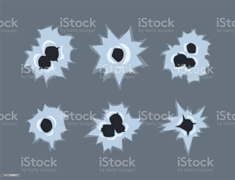 Bullet Holes From Gun Shot In Metal Surface Vector Set Stock