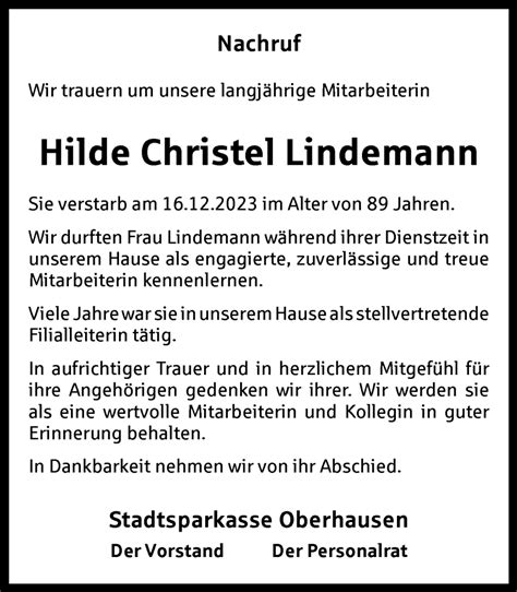 Traueranzeigen Von Hilde Christel Lindemann Trauer In Nrw De