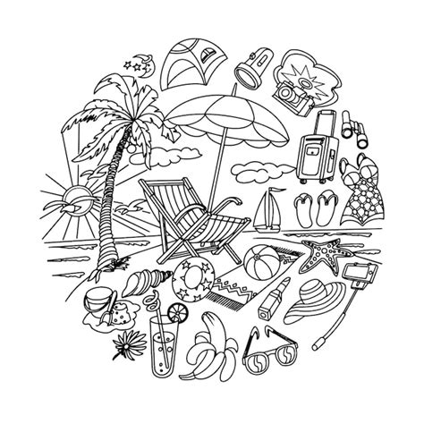 Premium Vector | A black and white drawing of a beach scene with a ...