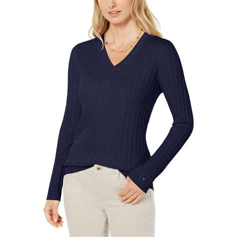 Tommy Hilfiger Womens Navy Long Sleeve V Neck Sweater Top L Bhfo 9145