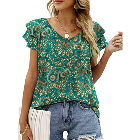 Mengpipi 2023 Womens Tops V Neck Short Sleeve Casual Summer Blouse