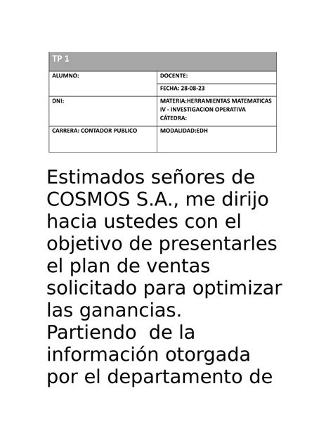 Herramientas Matematicas IV Investigacion Operativa TP1 TP 1 ALUMNO