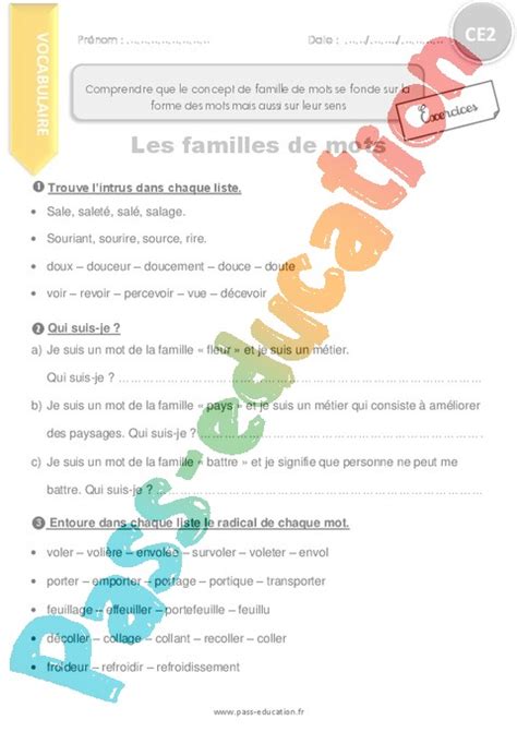 Exercice Familles De Mots CE2 Cycle 2