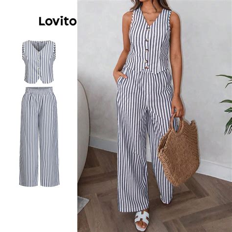 Lovito Women Casual Striped Button Pants Sets L Ed Shopee Philippines