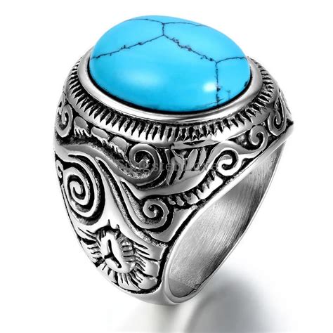 Vintage Classic Retro Men S Fake Turquoise Ring Mens Jewelry Stainless