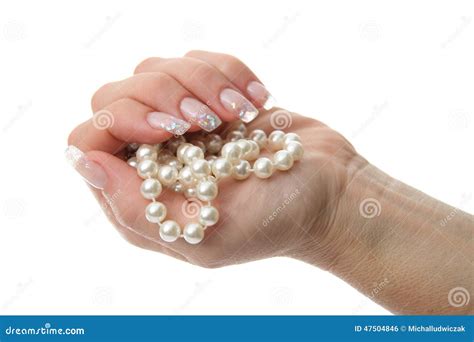 Woman Hand Holding Pearl Jewelery Stock Photo Image