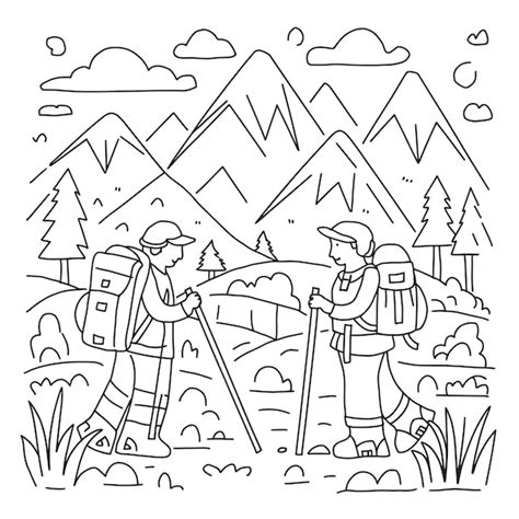 Premium Vector Coloring Book Page Illustration Of A Mountain Hiking