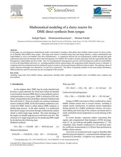 Pdf Mathematical Modeling Of A Slurry Reactor For Dme Direct