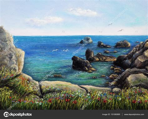 Ocean and cliffs Stock Illustration by ©borojoint #151060890