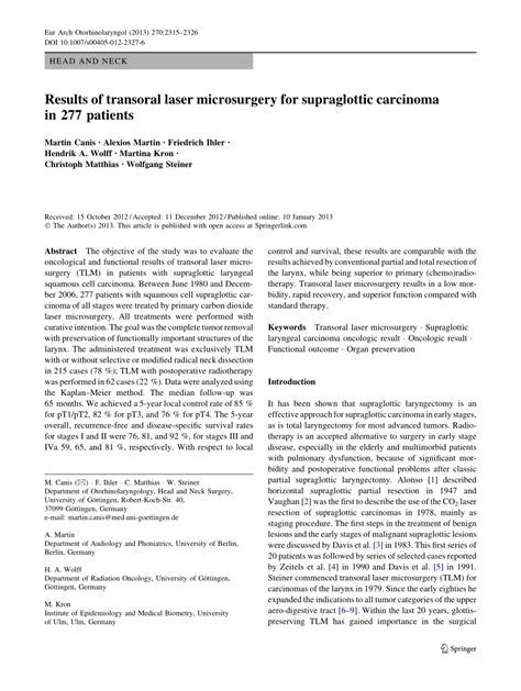 Pdf Results Of Transoral Laser Microsurgery For Supraglottic Carcinoma In 277 Patients