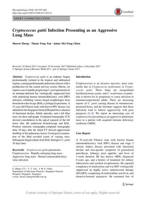 Cryptococcus gattii Infection Presenting as an Aggressive Lung Mass ...