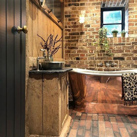 Copper Bath Set Against Exposed Brick Brick Bathroom Bathroom Inspiration Decor Brick Room