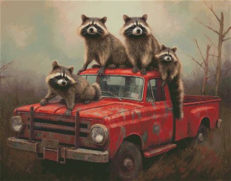 Raccoons On A Truck Counted Cross Stitch Patterns Printable Chart PDF