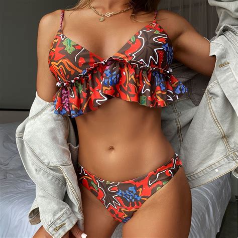 Women S Swimsuit Falbala High Waisted Bikini Set Push Up Swimwear