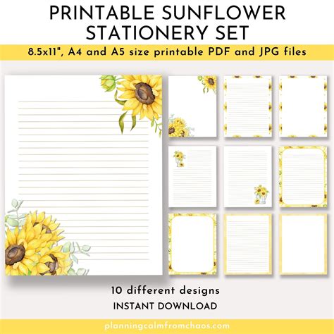 Sunflower Printable Stationery Set – Planning Calm From Chaos