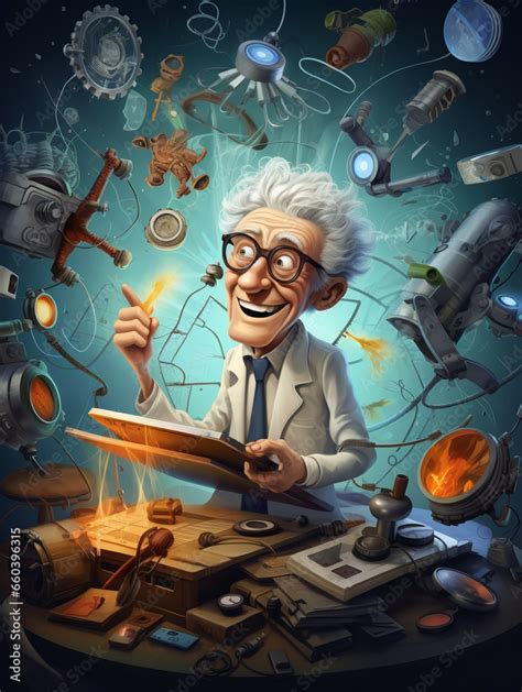 Cartoon Old Scientist Inventor With Many Educational Tools And Symbols