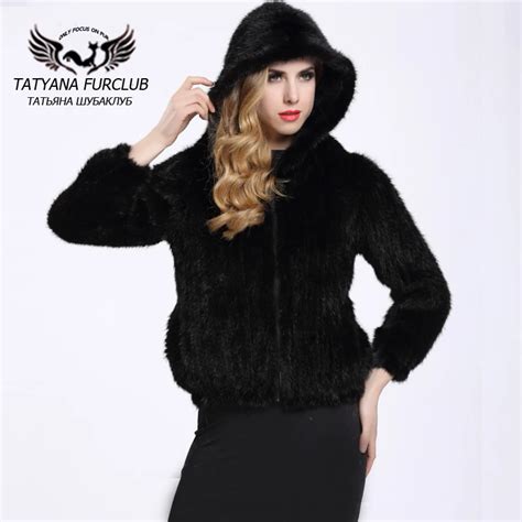 New Women Genuine Knitted Mink Fur Coat With Hood Warm Real Mink