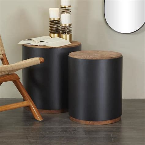 Litton Lane 19 In Black Large Round Wood End Accent Table With Brown