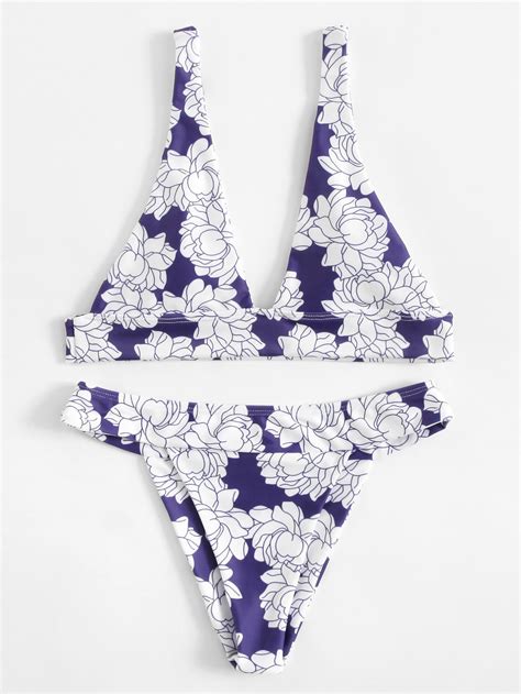 Shop Flower Print Plunge Bikini Set Online Shein Offers Flower Print