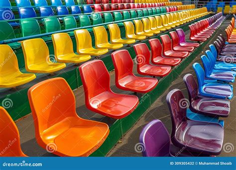 Stadium Grandstand Adorned With Colorful Rows Of Plastic Seating Stock