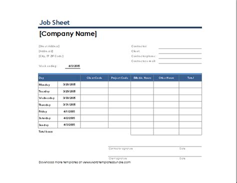 Sample Job Sheet Template For Excel Formal Word Templates Intended