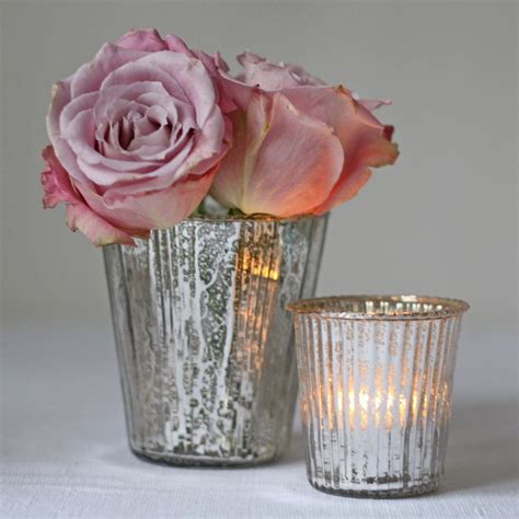 Ribbed Mercury Glass Vase Or Votive Silver Mercury Glass Vase Mercury Glass Tea Lights Glass