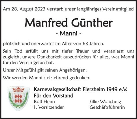 Traueranzeigen Von Manfred G Nther Wirtrauern