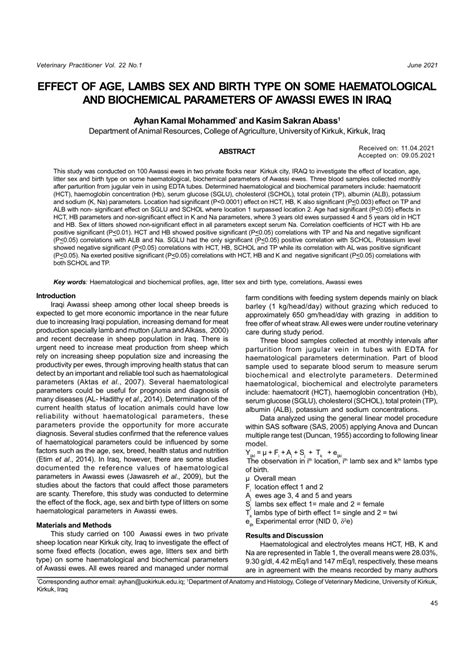 Pdf Effect Of Age Lambs Sex And Birth Type On Some Haematological