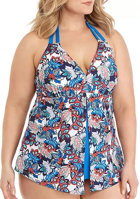 New Directions® Plus Size Swim Jungle Garden Flyaway Halter Tankini Top Belk