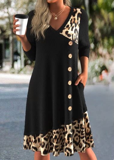 ROTITA Button Leopard Black A Line V Neck Dress Rotita USD 38 98