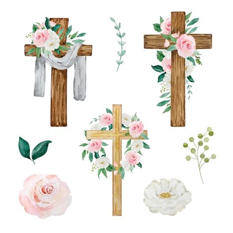 Cruces Acuarelas Decoradas Con Flores Símbolo Religioso De Pascua Para