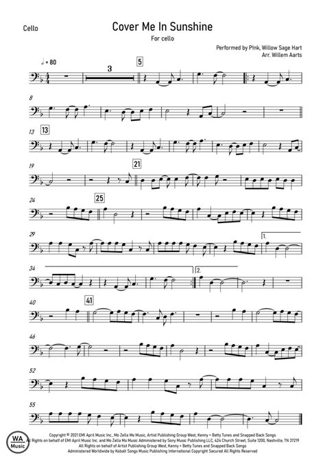 Cover Me In Sunshine Arr Willem Aarts Sheet Music P Nk And Willow Sage Hart Cello Solo