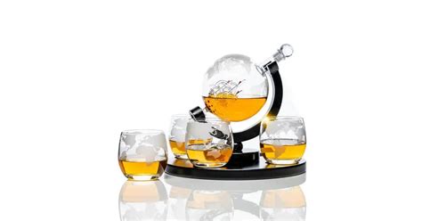 Buy Don Vassie Etched Globe Decanter Set With 4 Etched Glasses And A Round Pine Base Online