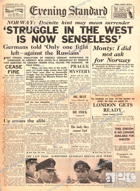 1945 Evening Standard London Front Page Reporting Germany Surrenders