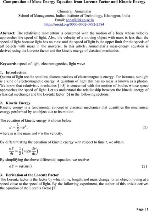 Computation Of Mass Energy Equation From Lorentz Factor And Kinetic Energy Mathematics