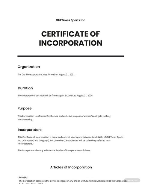 Letter Of Incorporation Sample