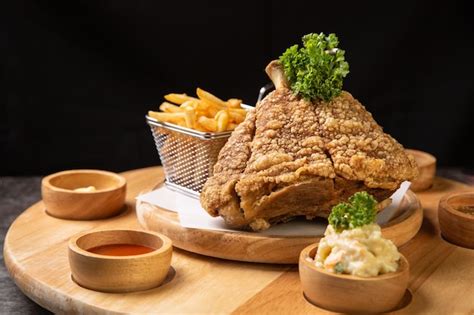 Codillo de cerdo servido con papas fritas y puré de papas en una tabla