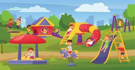 Cartoon Kids Playing On Playground In Summer Park Or Kindergarten