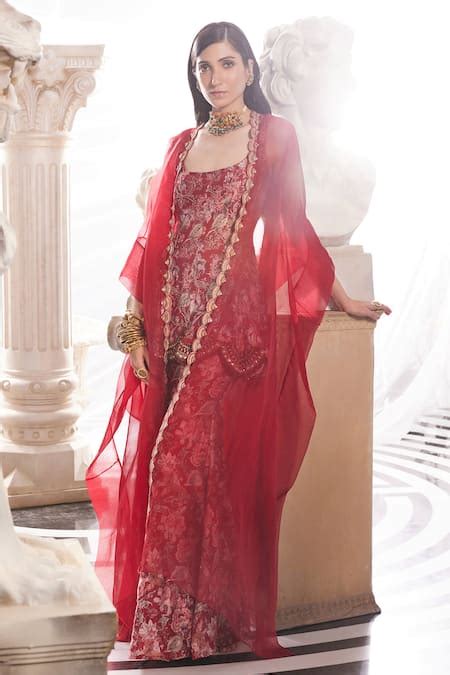 Buy Red Chanderi And Organza Print Vintage Vivienne Cape Sharara Set