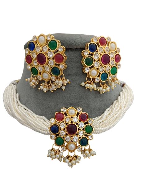 Navratan Bridal Choker Necklace Earrings Indian Pearls CZ Choker