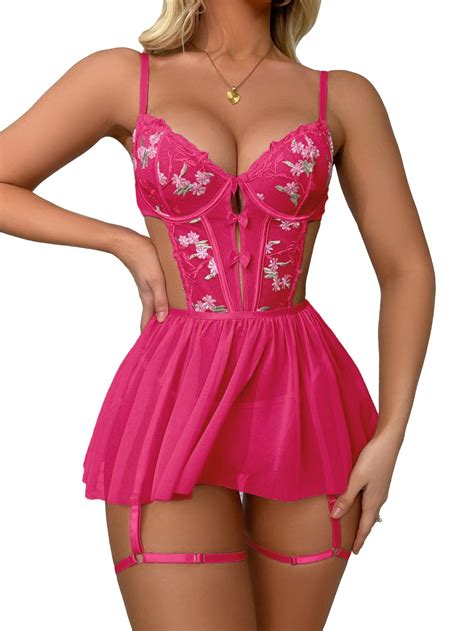 Wdirara Women S Floral Embroidery Mesh Split Cut Out Babydoll Lingerie