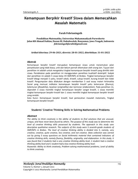 Pdf Kemampuan Berpikir Kreatif Siswa Dalam Memecahkan Masalah Matematis