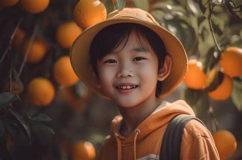 Premium Ai Image Chinese Kid Smiling Near Orange Tree Cute Outdoor