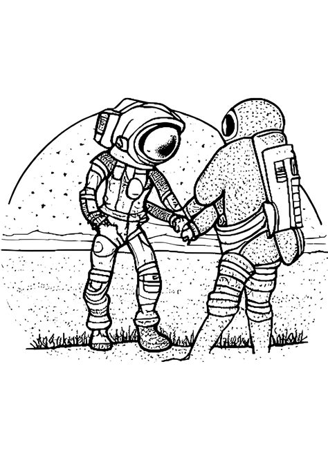 Astronaut Encounters Friendly Alien Coloring Page · Creative Fabrica