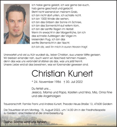 Traueranzeigen Von Christian Kunert Niederrhein Nachrichten Trauerportal