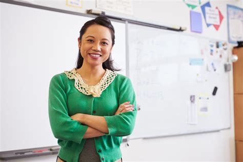 Portrait Of Confident Asian Female Teacher In Classroom New England