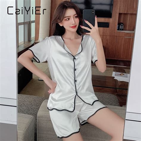 Caiyier Silk Women Pajamas Suit Summer Sexy Pure Color Turn Down Collar Short Sleeve Sleepwear