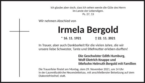 Traueranzeigen Von Irmela Bergold Trauer Flz De